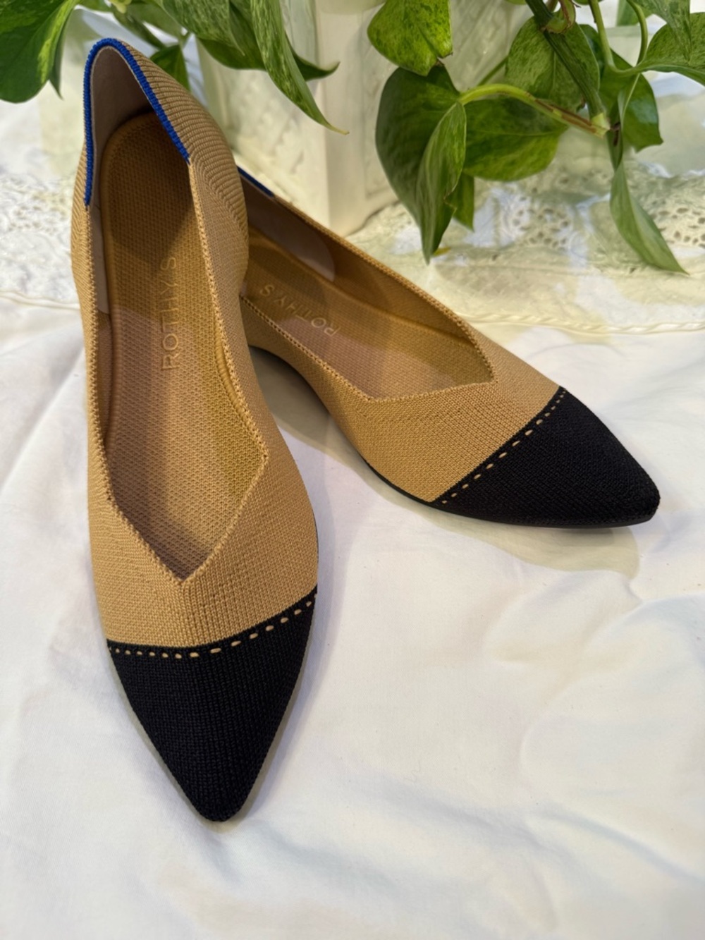 Rothy's Pointed Knit Flats in Tan and Black with Blue Trim
